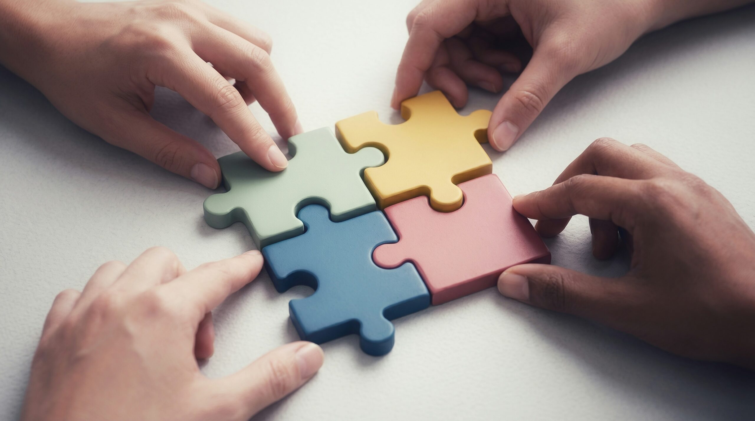 Four different hands place coloured jigsaw pieces so they fit together
